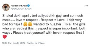 Gauahar Khan tweet Karan Kundrra Tejasswi Prakash